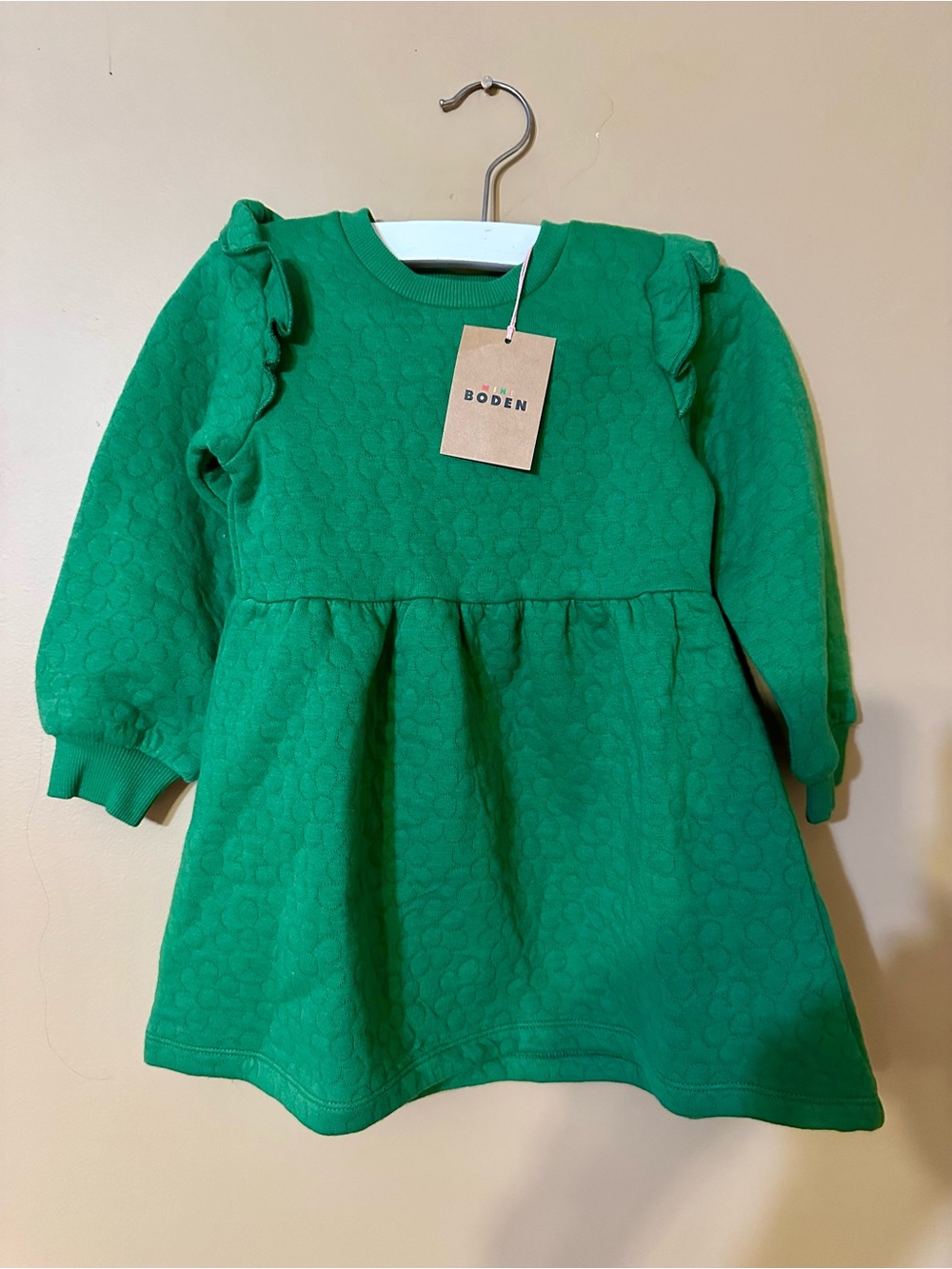 Mini Boden Green Jacquard Ruffle-Shoulder Kids Sweat Dress